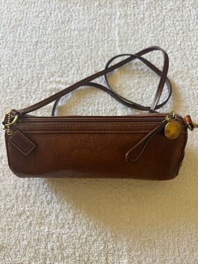 Coach Tan Signature Leather Barrel Crossbody Bag with Gold Hardware